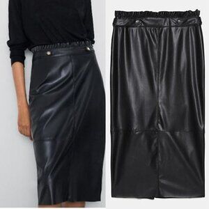 Zara Ruffled Waist Gold Button Side Belt Trim Faux Leather Midi Pencil Skirt M